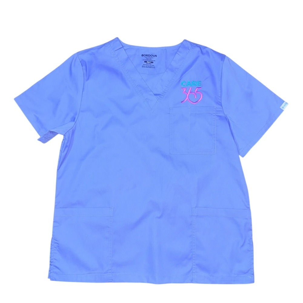 Bordova Unisex Scrub Top Size Large | CARE 365 Logo | Blue Medical Uniform